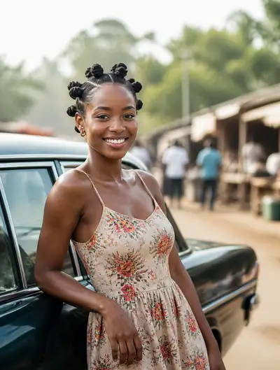 Candid street portrait of a woman with Bantu knots at a marketplace