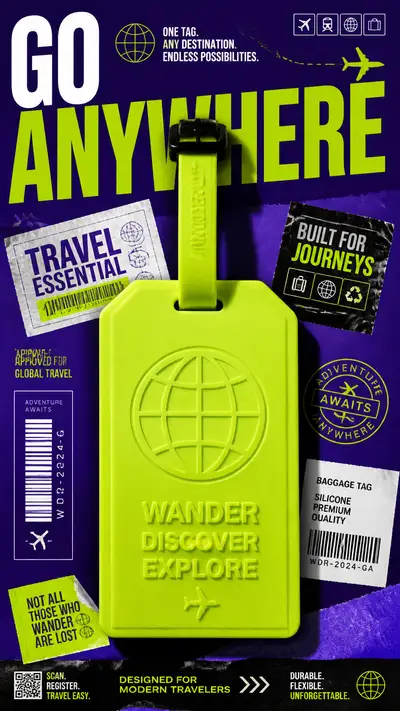 Travel Accessories Advertising Poster Featuring a Giant Luggage Tag
