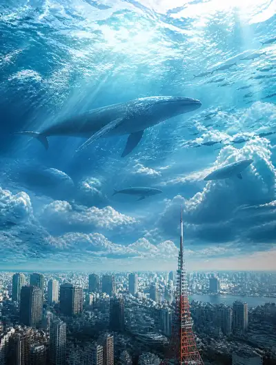 Ocean floating in the sky above a city
