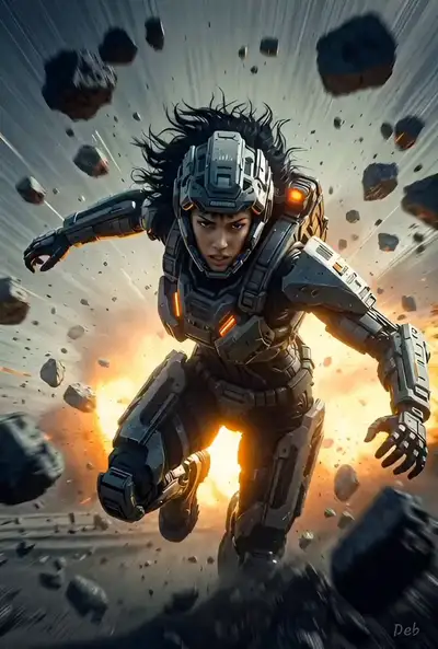 Dynamic Female Cyberpunk Warrior in Exosuit
