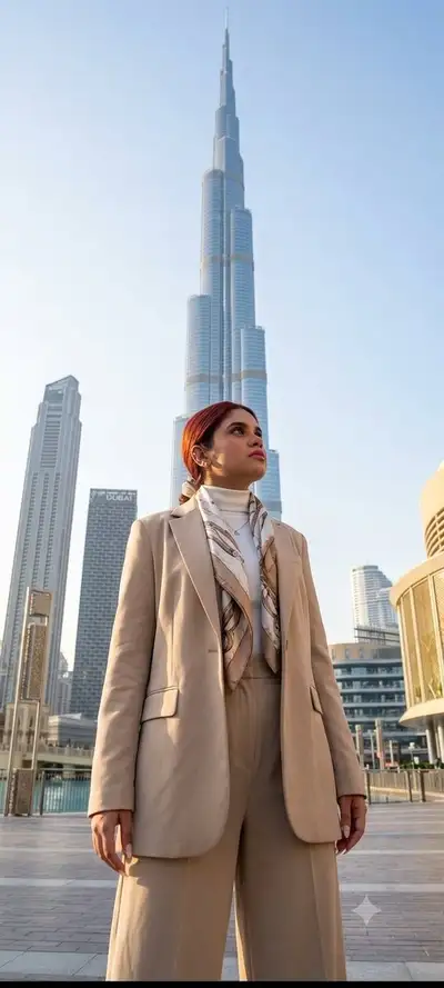 Burj-Khalifa-Skyline-Porträt: Dubai-Reisefoto-Prompt in niedrigem Winkel
