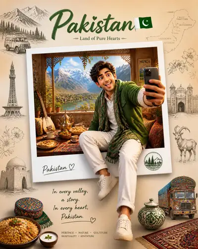 Collectible travel poster with a Polaroid selfie 3D effect