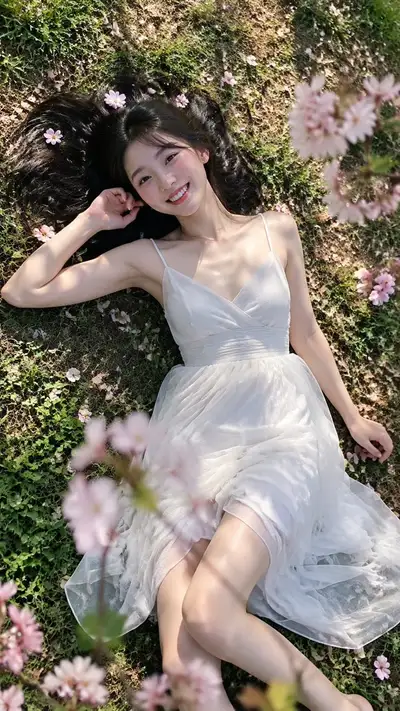 Photorealistic Spring Portrait of East Asian Woman in Tulle Dress