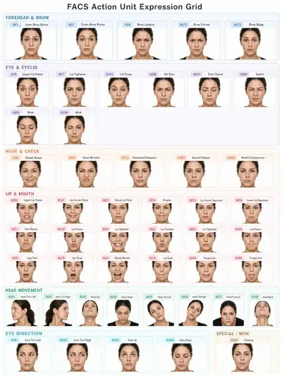 FACS facial Action Unit expression reference grid