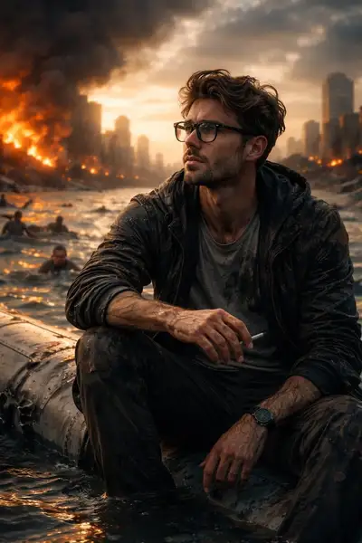 Post-Apocalyptic Survivor on Downed Aircraft Wing