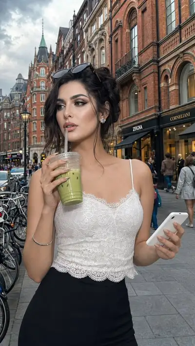 Europäisches Straßen-Candid-Modeporträt mit Matcha-Latte