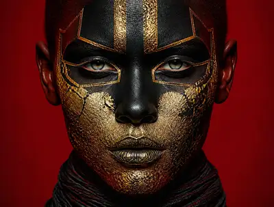Symmetrical Beauty Portrait With Gold Foil Face Paint