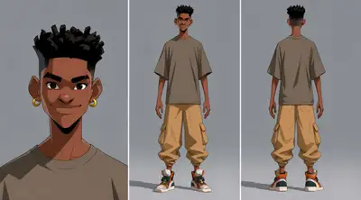 Folha de referência de personagem adolescente com sombreamento cel