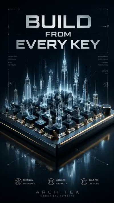 Futuristic Keyboard Ad With Glowing Digital Architecture