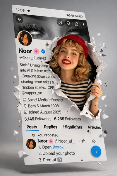 Mädchen bricht aus einer zerrissenen Social-Media-Profilseite hervor