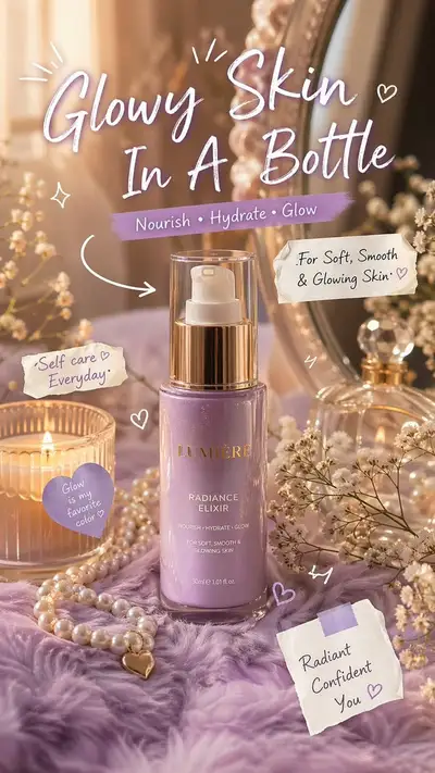 Glowy skincare bottle advertisement with cute doodles