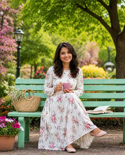 Elegant Woman on Mint Green Bench in Spring Garden