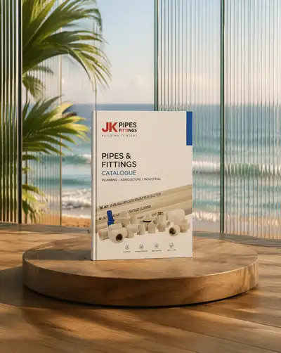 JK Pipes catalogue mockup on a wooden podium