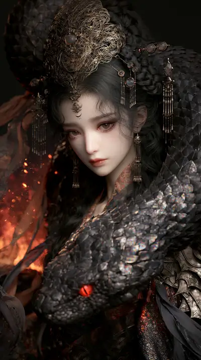 Dark Fantasy Eastern Woman with Giant Black Snake