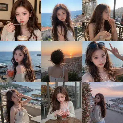 Nine-photo grid collage of a woman's day at a seaside town