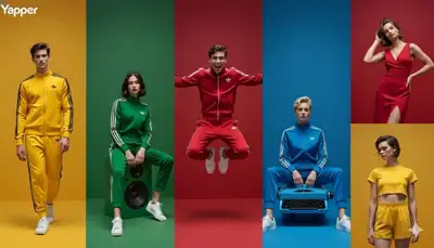 Split-screen color-block tracksuit fashion editorial