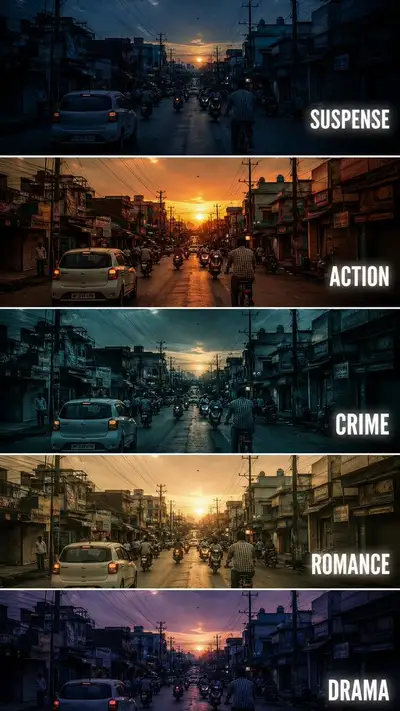 Five-panel cinematic color grading comparison poster
