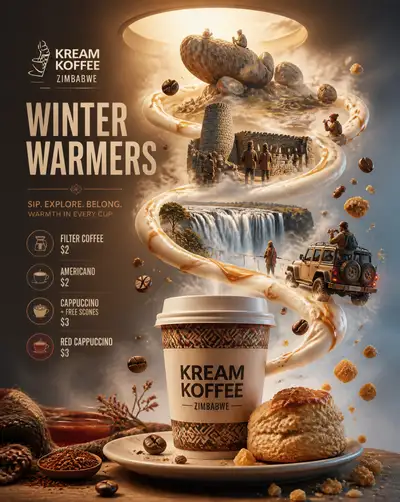 Zimbabwe coffee brand winter poster with landmarks and steam spiral