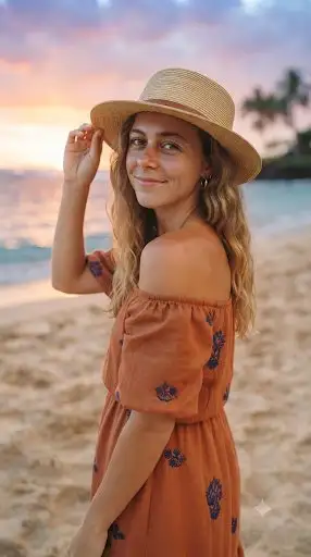 Strandporträt zur goldenen Stunde mit Strohhut und Sommerkleid