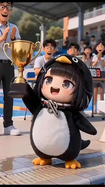 Penguin Mascot Wins School Swim Race - 3D Animated Scene
