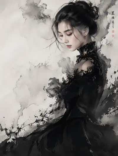 Surreal Ink-Wash Fashion Portrait With Dissolving Black Dress