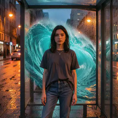 Photographie de mode cinématographique surréaliste à un abribus en verre