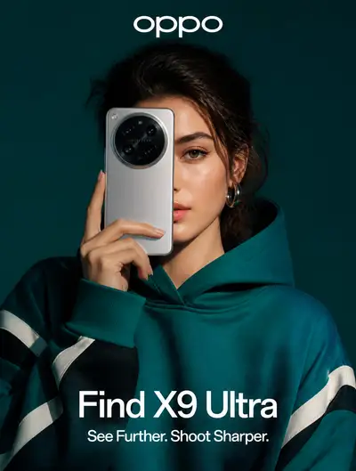 High-fashion smartphone ad with camera-covering pose