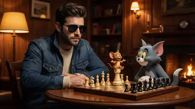 Man playing chess with animated cat and mouse characters