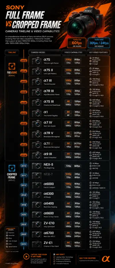 Timeline infographic comparing Sony camera video specs