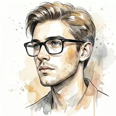 Watercolor Portrait with Ink Lines and Glasses