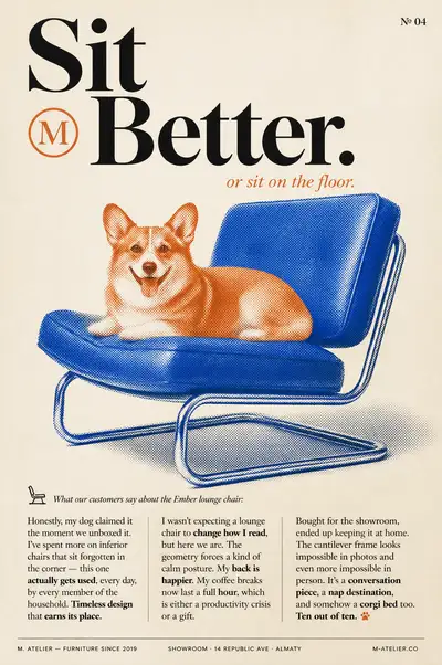 Duotone furniture magazine poster featuring a corgi on a lounge chair