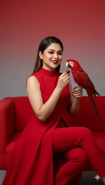 Red-on-Red Fashion Editorial with Parrot