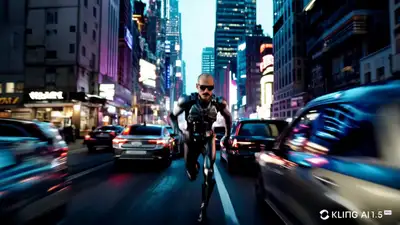 Cyborg Tracking Shot in Neon City