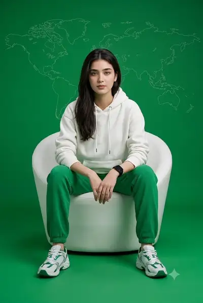 Studio portrait in athleisure against a green backdrop