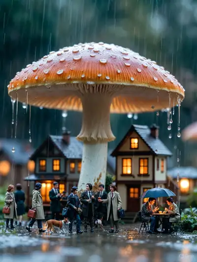 Miniature City Under a Giant Mushroom