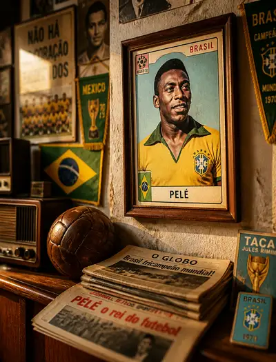Nostalgic 1970s Brazilian fan room with a Pele card