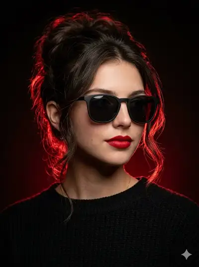 Dunkles Luxus-Editorial-Porträt mit rotem Streiflicht und Sonnenbrille