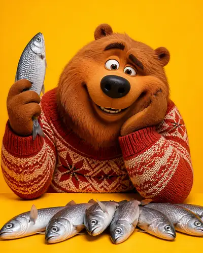 Cozy cartoon bear character holding a fish product shot