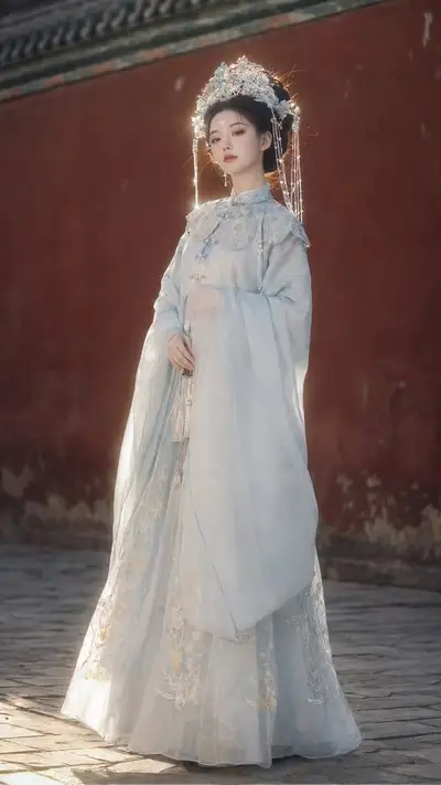 Retrato tradicional com hanfu diante de um muro vermelho de templo