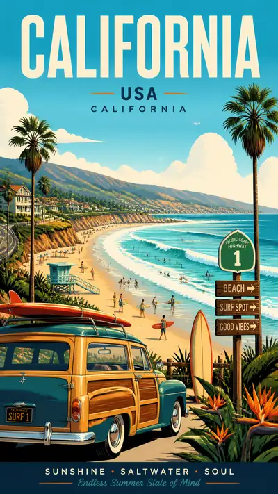 California beach travel poster illustration