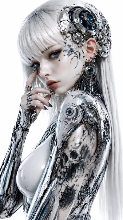 Retrato biomecânico cyberpunk com interface craniana cromada