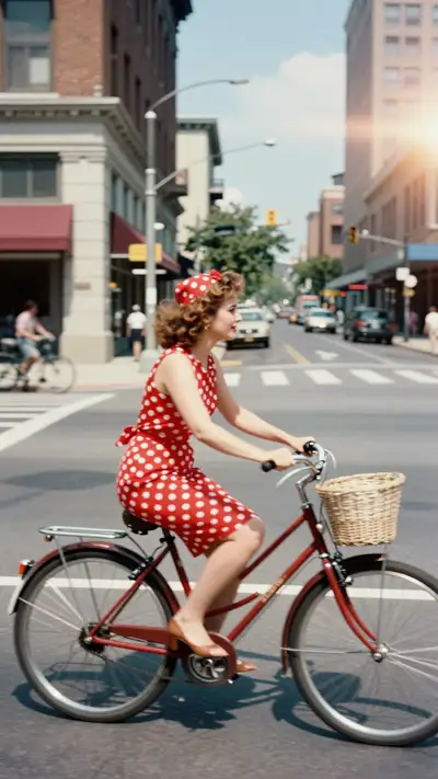 1950s urban summer film photo, woman biking