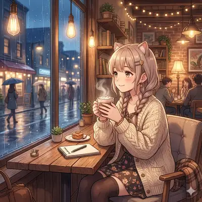 Cozy Anime Cafe Rainy Evening
