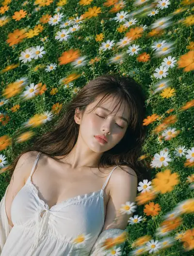 女子在夏季野花田中休息