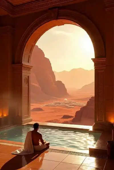 Homme d'inspiration romaine se relaxant dans des thermes futuristes sur Mars