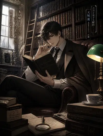 Light novel illustration of a detective in his library