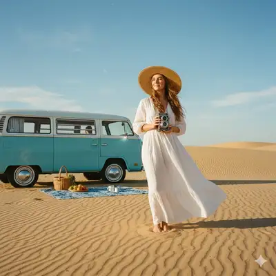 Bohemian desert travel scene with camper van and vintage camera
