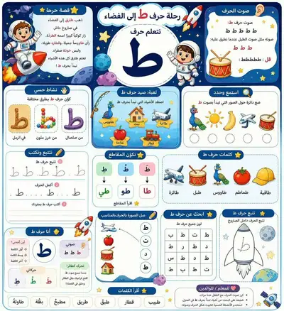 Space-themed Arabic alphabet worksheet for kids