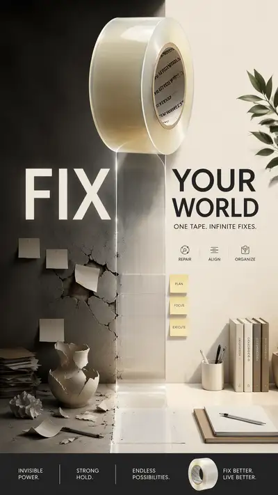 Adhesive tape fixes reality advertisement concept