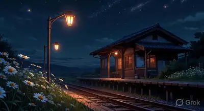 Nostalgic Rural Japanese Train Station Night Prompt